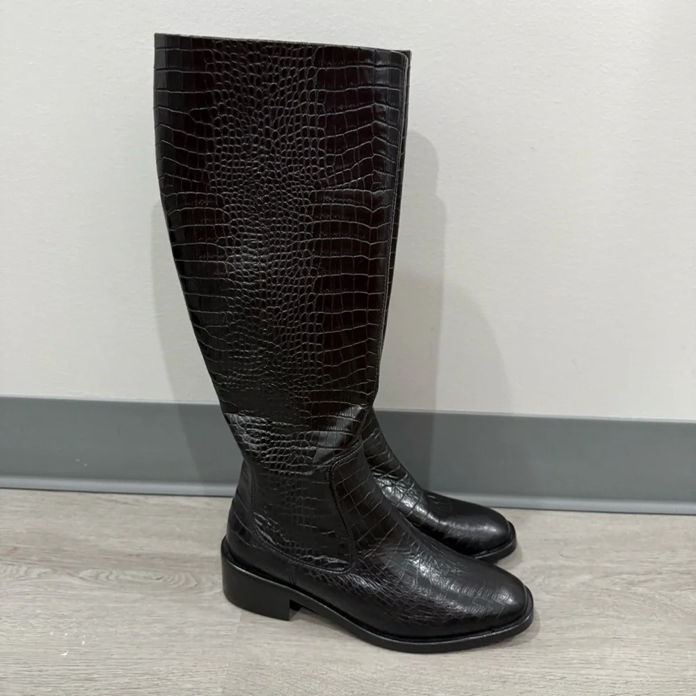 Aquatalia Boots Clara Knee High Croc Embossed in Black